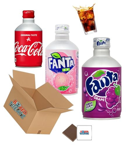 Japanese Soda Metal Bottle - Coke Regular, Fanta Grape & Fanta White Peach 300ml (300ml) Screw Lid Canned Drinks Boxed Treatz (1Pcs Each (3x300ml))