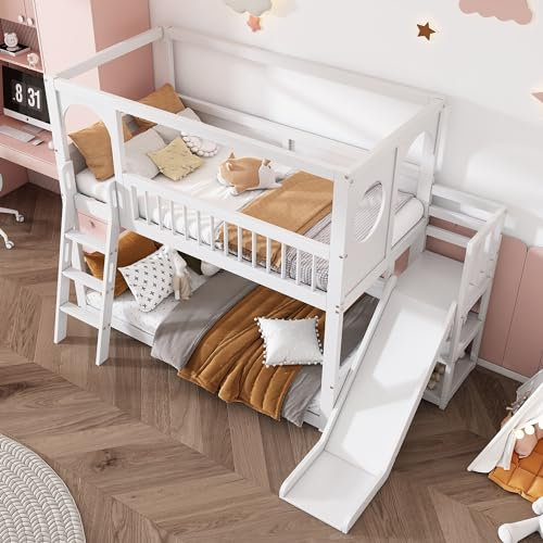 kubeier Letto a soppalco per Bambini con Scala Letto a Castello 90x200 cm con Rete a doghe e Scivolo,con Protezione anticaduta e recinzioni, per Adolescenti Letto a casetta in Legno Lettino Bianco