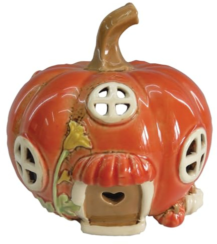 Shudehill Giftware Village Pottery Teelichthalter aus Keramik, Herbstkollektion, Häuser – Kürbis- oder -Designs (Kürbis)