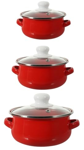 COLLBATH 3pcs Enamel Pot on Sauce Pan Small Soup Pot Pasta Cooking Pot Oven Stock Pot Mini Steel Camping Pot Soup Pan Saucepan Gas Double Handles Cooking Pot Enameled Pot Boiler Red Flat