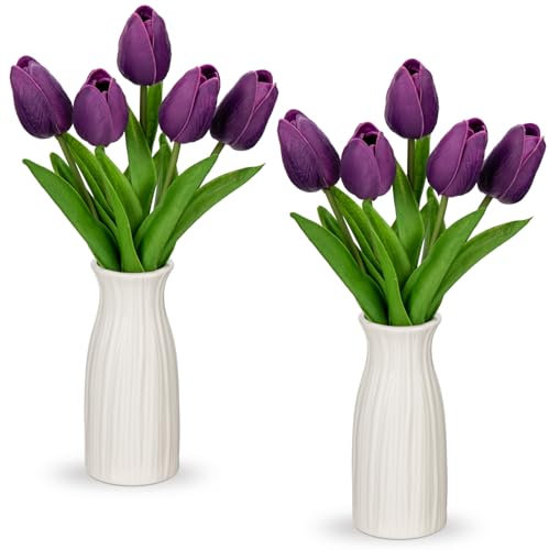 Briful Kunstblumen Künstliche Tulpen Blumen Wie Echt Real Touch Tulpen, Höhe 30 cm, mit Vase aus Keramik, Deko Kunstpflanze (Violet)