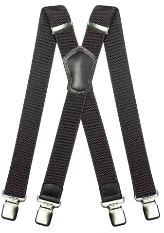 JEMYGINS Herren Hosenträger Breit 3.8 cm mit Starken 4 Metall Clips Lang Einheitsgröße Einstellbar und Elastisch X Style für Männer und Damen schwarz/schwarzes Leder