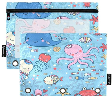 Blue Fish Octopus Federmäppchen mit 3 Ringen, mit Reißverschluss, transparentes Fenster, Schreibwarentasche zur Aufbewahrung von Schul- und Bürobedarf, 2 Stück, mehrfarbig, Einheitsgröße,