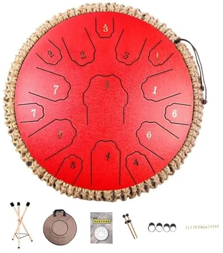 BAMFY Steel Tongue Drum 13 Inch 15 Note Hand Pan Drum With Bag Sticks Mallets Music Book, Sound Healing Percussion Instrument for Zen, Entertainment(13 inch 15 note A,Red)