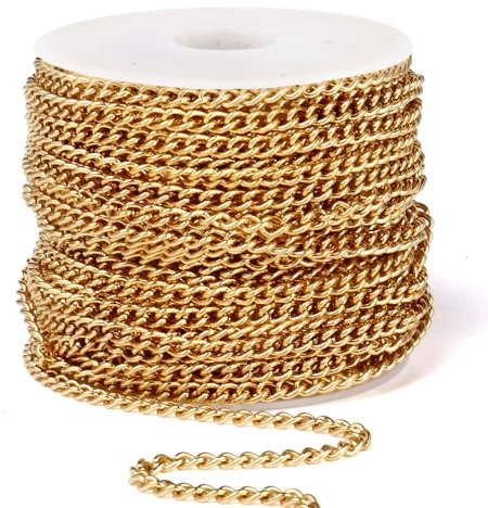 Panzerkette aus Edelstahl mit 18 Karat vergoldet, PVD-beschichtet, 4 mm, 304 Edelstahl, flache gedrehte Glieder, Panzerketten, Rolle für Schmuckherstellung, Halskette, Bastelarbeiten, 90 m