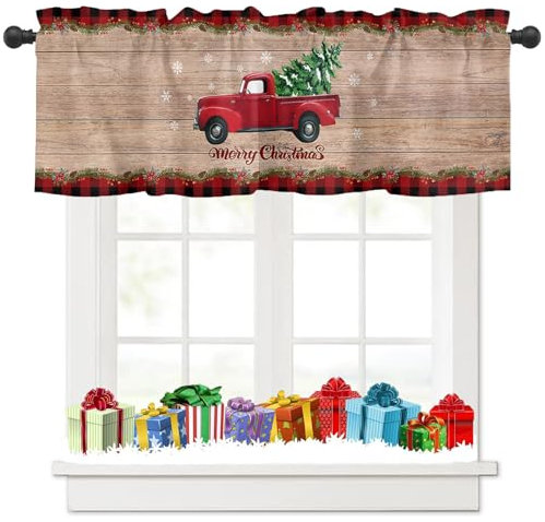 Tokusyou Weihnachten Scheibengardine Gardinen Deko Weihnachtsgardine für Küche Vorhang Lastkraftwagen Weihnachtsbaum Schneeflocken Muster Blickdicht Bistrogardinen für Schlafzimmer, B 137 × H 45 cm