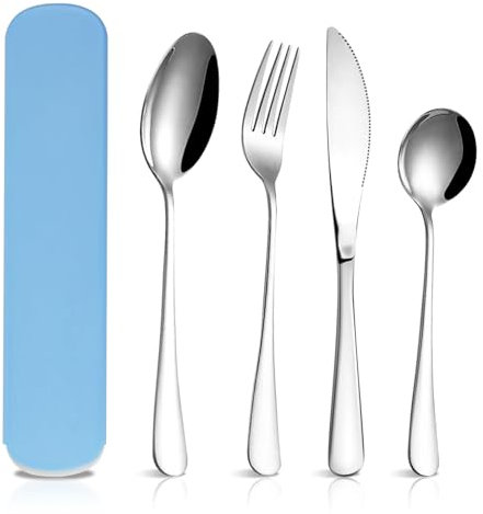 Travel Cutlery Set, 4-Piece Set Stainless Steel Cutlery Set, Portable Cutlery Set- with Box, Reusable, Dishwasher Safe, Knife Fork Spoon Set Suitable for Travel, Picnic, Office, School