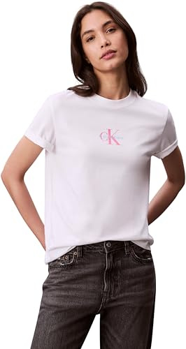 Calvin Klein Damen T-Shirt Kurzarm Classic Logo Tee aus Baumwolle, Weiß (Brilliant White), XXL