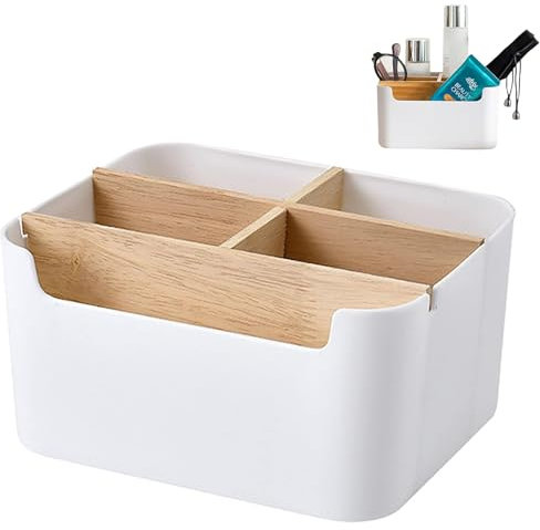Organiseur de Bureau en Bois à 5 Compartiments, Boîte de Rangement Polyvalente, Porte Stylo en Bambou pour Bureau, Chambre et Salon, Blanc