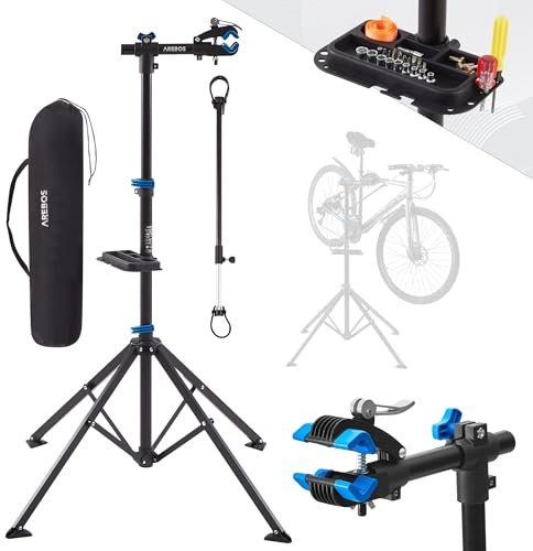 Arebos Fahrrad-Montageständer mit Tasche, 360° drehbar, für Mountainbike, E-Bike und Citybike, mit Schnellspannvorrichtung, Profi-Reparaturständer Schwarz/Blau