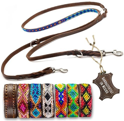 ALTEZAR Handgemachte Hundeleine Leder – Handgefertigt für kleine Hunde Robuste Fettlederleine mit bunten Stickereien Verstellbare Lederleine für Hund – dünne Leder-Leine Blau für kleine Hunde