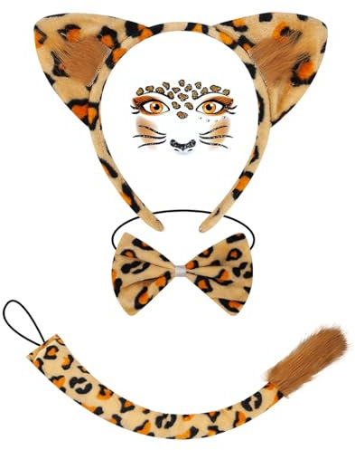 IKOPFLN 3-teiliges Set haarreif karneval leoparden ohren katzenohren fasching haarreif fasching damen fasching accessoires damen haarreifen damen karneval Valentinstag Mit Gesichtsaufklebern（C）