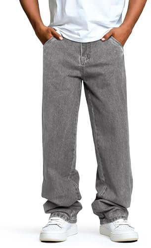 GINGTTO Herren Baggy Jeans Straight Loose Fit Stretch Jeans Regular Male Relaxed Denim Hosen Wide Leg Streetwear mit Taschen Hell Grau 32