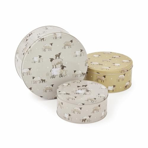 Cooksmart Highland Sheep Set of 3 Round Cake Tins | British Designed Nesting Storage Tins | Rustic Sheep & Nature Print | Durable Tinplate Steel | Ideal for Cake Storage & Kitchen Organisation