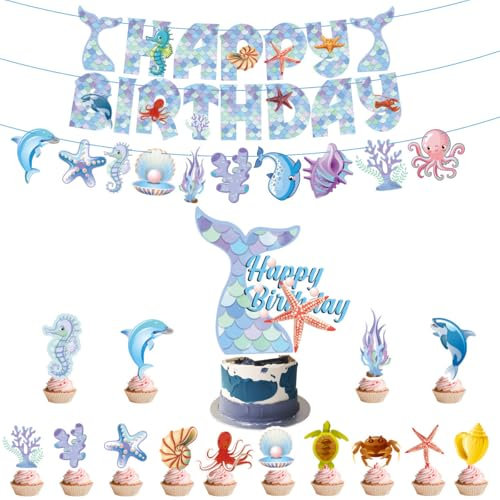 Kiyanest Ozean-Geburtstagsdeko-Set – Happy Birthday Banner, Kuchentopper & 14 Cupcake-Topper – Perfekte Unterwasser-Partydekoration für Kinder & Erwachsene