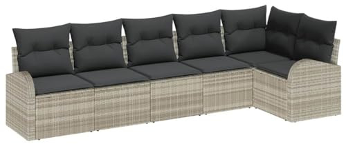 vidaXL Garten-Sofa-Set mit Kissen 6 pcs Hellgrau Poly Rattan, Garten und Terrasse, modernes modulares Sofa, strapazierfähige UV-beständige Materialien, verstellbare Füße, Wohnset für draußen