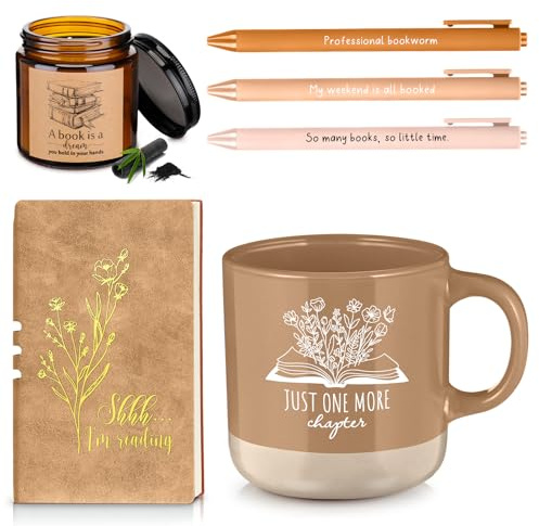 Baderke Regalo per amanti dei libri, per donne, insegnanti, uomini, 6 pezzi, accessori per il rientro a scuola, per lettura di libri, formato A6, penna a sfera, tazza in ceramica, candela, regalo per