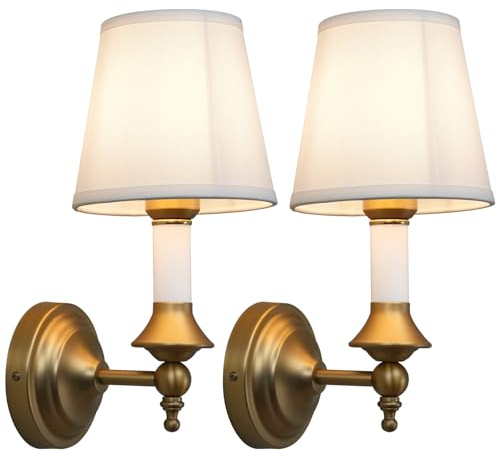 Phansthy 2 Stücke Wandleuchte Wandlampe Innen Wandleuchten E27 Wandlampe Vintage Wandleuchten mit Gold Messing Metal und Weiße Stoffschirm, für Schlafzimmer Wohnzimmer Flur (2 Stk Weißfarbe)