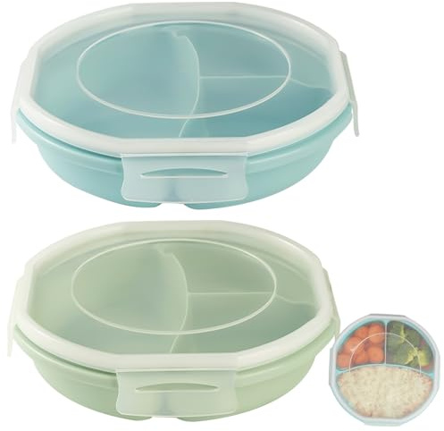 2PCS Mikrowellen Teller mit Deckel Bento Schüssel Vorratsdose BPA frei mit 3 Fach Aufteilung Dose Getrennt Aufbewahrung luftdicht Mikrowellengeschirr zum Erhitzen Einfrieren Aufbewahren (Grün, Blau)