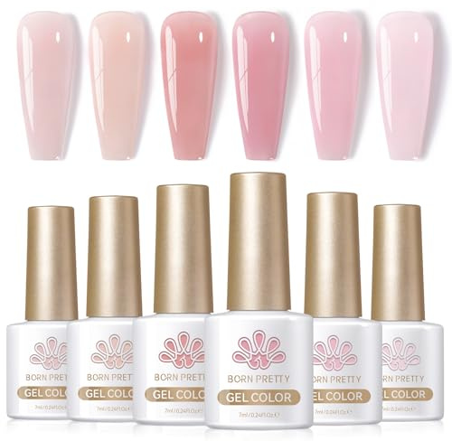 BORN PRETTY Jelly Pink Gel Nail Polish Set, 6 Transparent Sheer Nude Colors Soak Off U V Light Cure Gel Polish Kit for Salon and Nail Art DIY at Home