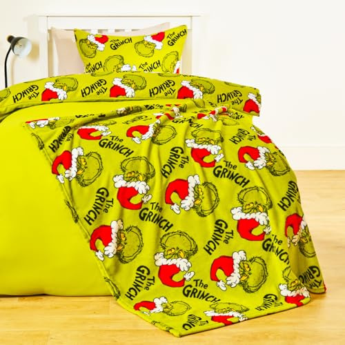 OHS The Grinch Fleece Blanket, Officially Licensed Grinch Gifts for Kids Soft Warm Cosy Throw Blanket for Bed Christmas Decorations Kids Rooms Sleepovers Christmas Throw, Green/Red - 100 x 120cm