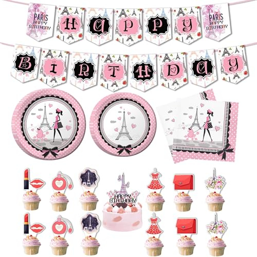 Paris Party Dekorationen Eiffelturm rosa Geschirr Set Paris Teller und Servietten Traum Paris Thema Banner Kuchen Toppers für Mädchen Geburtstag Hochzeit Babydusche Brautdusche Dekoration