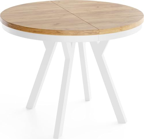 Runder Ausziehbarer Esstisch im Loft-Stil XXL Groß – Verlängerbarer Tisch mit Weißen Holzbeinen & Metallring – Platzsparender Esstisch für Wohnzimmer – Eiche Braun – 100 bis 300 cm
