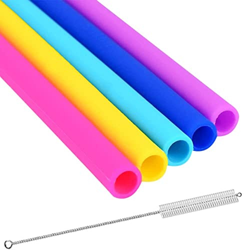 Reusable Silicone Drinking Straws - Set of 5 - BPA Free - Free Cleaning Brush Included - 10 Long Extra Wide Fat Straws - Great Gift for Smoothies & Bubble Tea Lovers