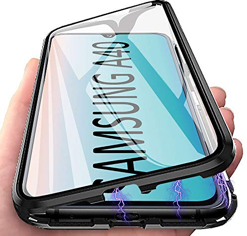 Mosoris Hülle für Samsung Galaxy A40, Transparent Panzerglasfolie 360 Grad Handyhülle Full Schutz Cover Schwarz Grenze Magnetische Adsorption Case, Vorne und Hinten Harte Schutzhülle