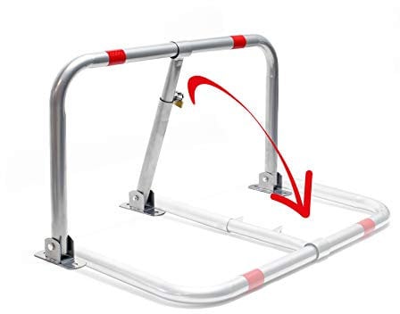 Wiltec Parkplatzbügel umklappbar 43 x 80 cm, mit Vorhängeschloss u. 3 Schlüsseln, Parkpfosten zur Sicherung des Parkplatzes, Sperrbügel aus Stahl