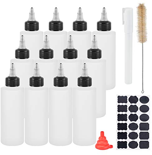BENECREAT 12 Pack 150ml Plastic Squeeze Dispensing Bottles with Black Twist Cap Glue Bottle with Hopper, Cleaning Brush, Sticker Label and Marker Pen for Crafts, Art, Glue