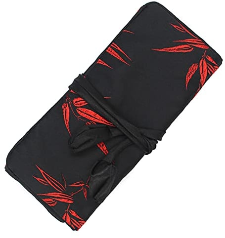 Wei Long @Schmuckrolle, Reise-Schmuck-Rolltasche, Seidenstickerei, Brokat, Schmuck-Organizer mit Bindeverschluss, Bambus, Schwarz