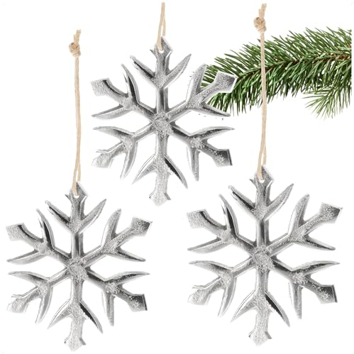 com-four® 3X Hängedeko Schneeflocke - Dekofigur aus vernickeltem Aluminium - weihnachtliches und Elegantes Wohnaccessoire - Dekoration für die Winterzeit