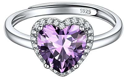 ChicSilver Bague Amethyste Bague Argent Femme Ajustable,Anneau Réglable avec Pierre Améthyste en Forme Coeur Brillante, Bijoux Fantaisie Cadeau Femme Valentin Anniversaire