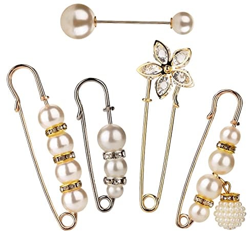 Yolev 5 Pieces Brooch Pins Rhinestone Pins, Artificial Pearl Heavy Duty Clips for Sweater, Shawl