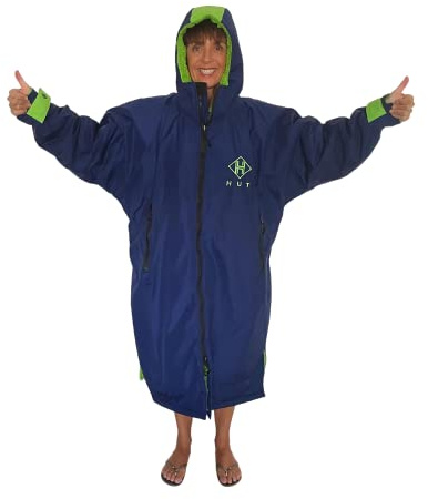 Hut Premium Blauer Umkleidemantel. Wasserdichter, winddichter und superwarmer Umkleidemantel. Langärmelig, Unisex, DREI Größen (S+M+L). Ideal für Freiwasserschwimmer, Surfer und mehr! (Groß)