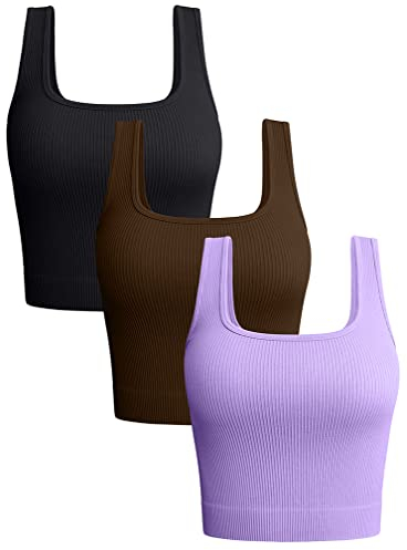OQQ Damen 3-teiliges Tank-Top Gerippt Nahtlos Workout-Shirts Yoga Bauchfreies Top Schwarz Kaffee Lavendel