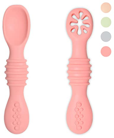 VegMai® PreCuillères pour bébés. Cuillères BLW d'apprentissage, étape 1 + étape 2. Recommandées par les nutritionnistes et les experts BLW. Couverts en silicone antibactérien et ergonomiques.(ROSE)