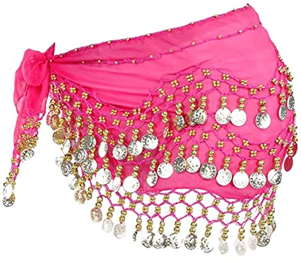 SamHeng Damen Bauchtanz Gürtel Chiffon Hüfttuch, Bauchtanz Münztuch Bauchtanz Münzgürtel Tanztuch Bauchtanz Kostüm mit 128 Münzen für Mädchen Frau für Performance Kostüm Bauchtanz Yoga Kurs