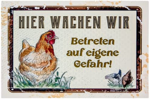 LUCKYLINDE - Wetterfestes 30 x 20 cm Blechschild – Hühner Schild – Hühnerstall Deko Schild, Huhn, Henne, Hahn, Bauernhof Schild (Hier wachen wir!)