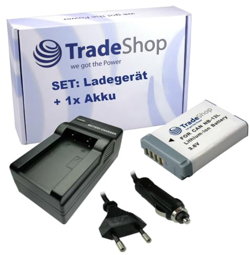 Trade-Shop 2in1 Set: Li-Ion Akku 1250mAh + LED Ladegerät inkl. Kfz-Ladekabel kompatibel mit Canon NB-13L / Digitalkamera Digicam Videokamera