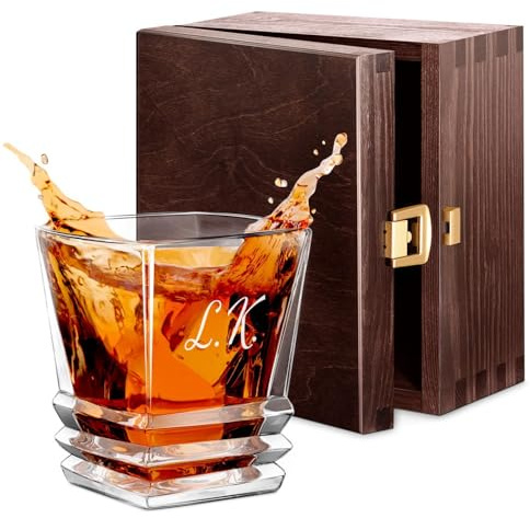 Maverton Whiskyglas 280 ml mit Gravur, Whisky Glas mit effektvollem Design | Edles Kristallglas für Mann & Whiskygenießer, Bourbon Glas zum Geburtstag, zu Weihnachten, Initialen