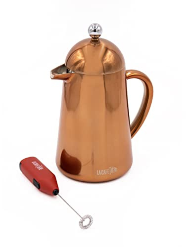 La Cafetière 2er-Kaffee-Set mit doppelwandiger Kupfer-Havanna 8-Tassen-Kaffeekanne und rotem Akku-Milchaufschäumer