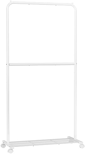 SONGMICS Kleiderständer, Kleiderstange auf Rollen, 2 Stangen, Garderobenständer Metall, Rollgarderobe 91 cm breit, mit Ablage, 2 Rollen mit Bremse, je Stange bis 20 kg belastbar, weiß HSR027W01