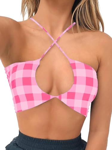 Frauen Crop Tank Top Sexy Square V-Ausschnitt Doppelt Gefüttert Geraffte Korsett Niedlich Cropped Ärmellos Cami Sommer Outfit Ausgehen Top, B-barbie Pink Whtie Plaid-01, X-Klein