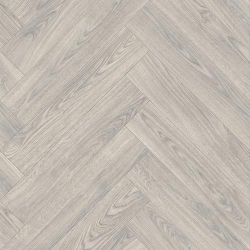 Light Grey Chic Herringbone Siren Vinyl Flooring 4mm Thick Durable Felt Backed Lino Kitchen Bathroom (2m x 2m)