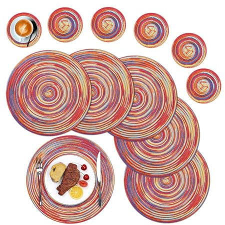 SHACOS Set di 6 Tovagliette Rotonde e Sottobicchieri Tovagliette Rotonde Rosso Tessuto Tovagliette Rotonde Lavabile Resistenti al Calore Tovaglietta Colazione Rotonde per Matrimoni, Festa, Cucina