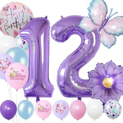 12 Jahre Set - Zahl Folienballon,22 Stück Blau Lila Geburtstagsdeko,Schmetterling Blumen Ballon,Kindergeburtstag Party Deko Zahl 12 Luftballon für Mädchen Jungen Geburtstags Festival Party Dekoration