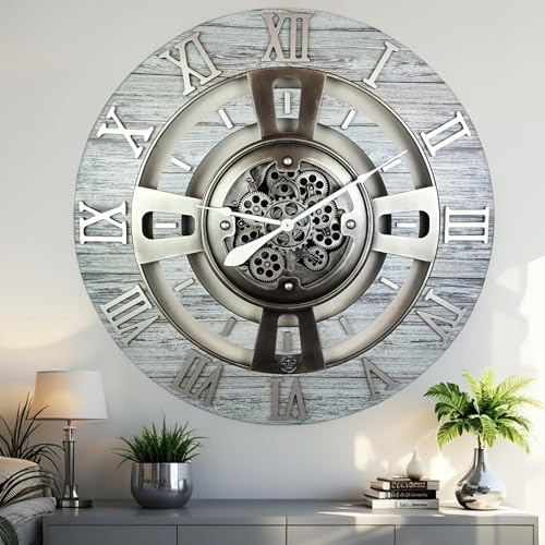 ImprovingLife The Gears Clock - Reloj de pared con engranajes en movimiento real, línea Inglaterra (gris plateado, 36 pulgadas (90 cm))