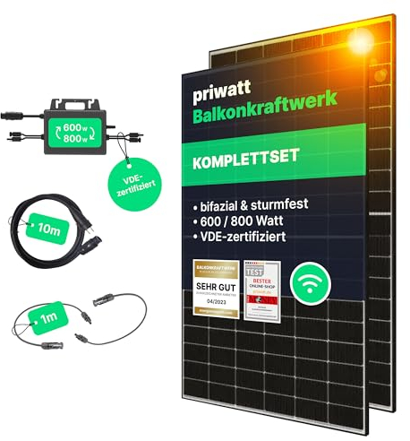 priwatt® Balkonkraftwerk Duo [890 Wp] ohne Halterung zur flexiblen Befestigung - Solaranlage Komplettset (2 bifaziale Solarmodule, TSUN Wechselrichter & Kabel-Zubehör)
